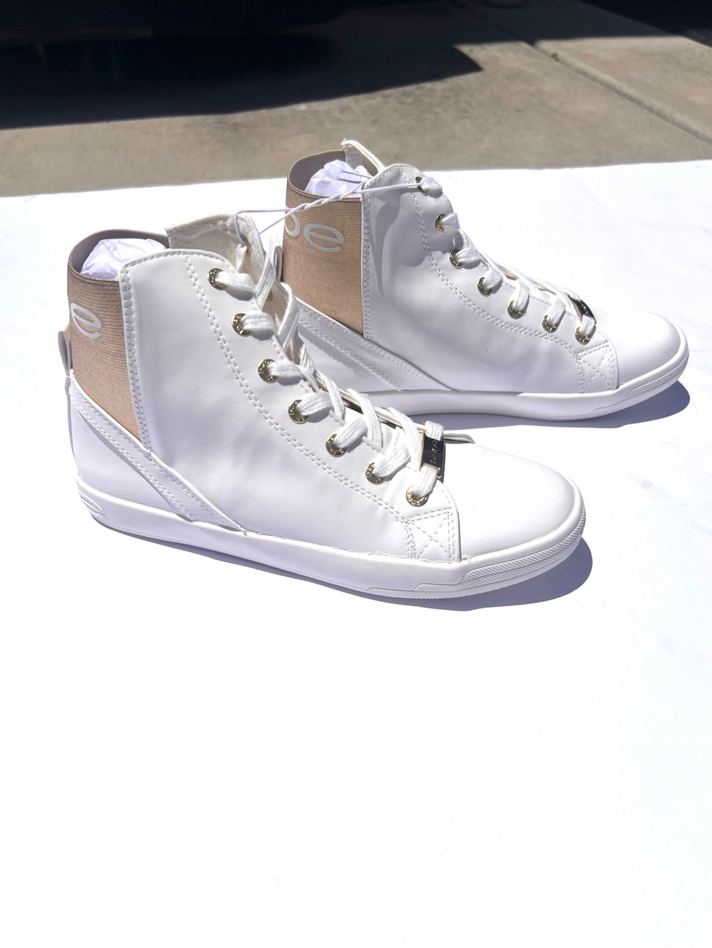 New Bebe Gold Sneakers - White High-Top Sneakers w/ Gold Logo Accents & Hardware